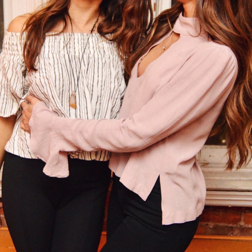Lavender Free People Blouse High neck, Keyhole Cutout, and Long Bell Sleeves